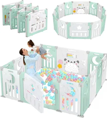 Produktbild von Dripex Laufgitter Laufstall Baby Absperrgitter 14-Paneele Schutzgitter Krabbelgitter für Kinder aus Kunststoff mit Tür und Spielzeugboard, Grün-Weiß