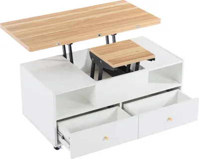 Produktbild von Höhenverstellbarer Couchtisch mit Klappfunktion und 4 Schubladen, ein großer und ein kleiner Hydraulik-Hubtisch, Wohnzimmertisch mit Universalrollen, Naturholz, 100 cm, 50 cm, 47,5 cm, MDF