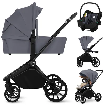 Collage of a stroller in different configurations and a car seat.