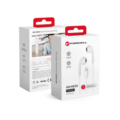 Two product boxes for Forcell HR-ME25 earphones with Lightning connector, displayed against a white background.