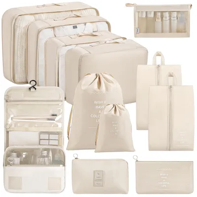 Produktbild von Koffer Organizer 12-teilig (Beige) - Packwürfel für Reisekomfort