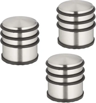 Produktbild von PolkaHome® Türstopper Edelstahl Set 3er, H x Ø: 7,5 x 7 cm, Antirutsch Bodenschutz, Türpuffer, Silber/Schwarz