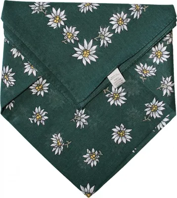 German Wear Edelweiß Schal – 50x50 cm dunkelgrünes Baumwolltuch mit traditionellem Blumendesign. Weich, atmungsaktiv und vielseitig als Trachtenschal fürs Dirndl, Oktoberfest oder den Alltag.