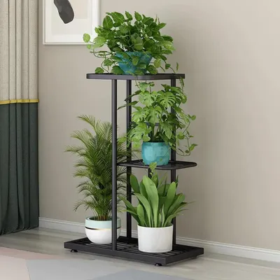 Obrázek produktu pro Stojánek na květiny – kovový regál pro rostliny, hranatý, se 3 úrovněmi – úsporný design – vhodný na balkon, do zahrady, obývacího pokoje – pro vnitřní i venkovní použití – tmavě šedá barva