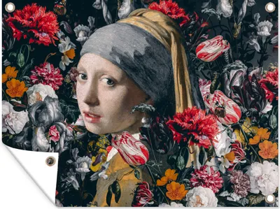 Produktbild von MuchoWow® 120x90 cm Outdoor-Poster Gartendeko Sichtschutz Garten Poster für den Garten  Das Mädchen mit dem Perlenohrring - Blumen - Johannes Vermeer