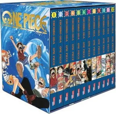 A box set of manga volumes, specifically volumes 1-12 of One Piece, with artwork on the front and spines of the books visible.