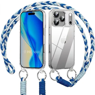 Image de Coque pour iPhone 17 Pro Max, Antichoc Rigide Slim Transparent avec Bandoulière Bleu Blanc