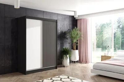 Produktbild von ALTDECOR Kleiderschrank mit Lamel-Schiebetüren, kugelgelagerte Führungsschienen und Aluminium-Leisten - VILO - 150 cm - Schwarz/Lamelle Schwarz