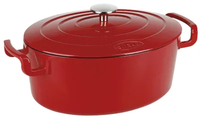 Produktbild von Bratpfanne, oval, aus Gusseisen, schwarz/rot, 5 Liter, mit Deckel