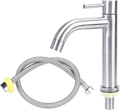 Produktbild von Badezimmer-Wasserhahn aus Edelstahl - Einhandgriff - Verchromtes Design - Auslassbereich 12 cm