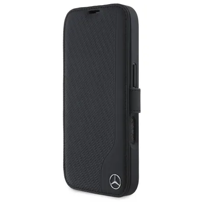 A black flip-style phone case with a textured surface and a Mercedes-Benz logo.