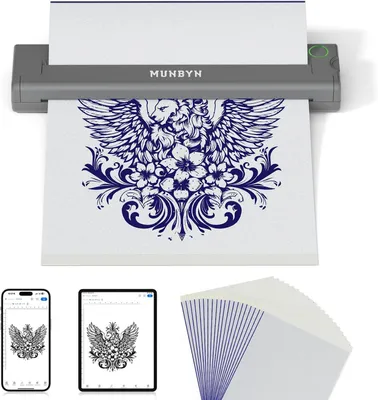 Produktbild von MUNBYN Tattoo Drucker Bluetooth, Kabelloser Stencil Thermodrucker mit 20 A4 Transferpapier, Kompatibel mit Android, iOS, Windows & Mac für Künstler