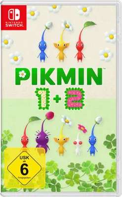 The image shows the cover art for the Nintendo Switch game Pikmin 1 + 2.