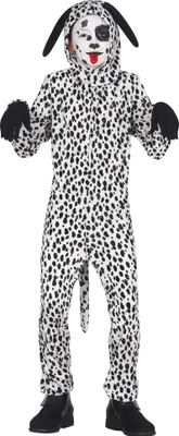 A child wearing a Dalmatian costume, standing and facing forward.
