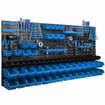 Obrázok produktu pre Závesný panel na náradie 173x78cm s 63 ks. Krabic Nástěnný Modré Boxy se sadou držiakov plastová