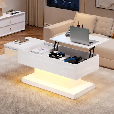 Produktbild von STILVORA Couchtisch 100x50x45cm mit LED-Beleuchtung und hydraulischem Lift, Kaffeetisch mit halbhebbarer Tischplatte, Wohnzimmertisch mit Stauraum