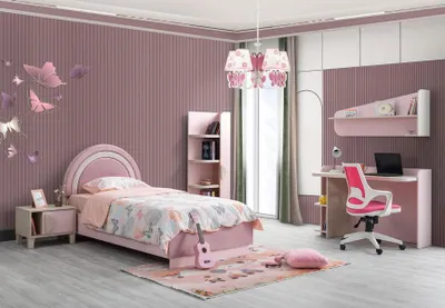 Image de Ensemble pour chambre d'enfant Lit moderne Table de chevet Bibliothèque Bureau rose