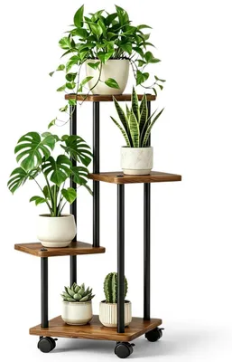 Immagine prodotto di Supporto per piante a 4 livelli, in legno e metallo, con ruote. Scaffale per fiori, ideale per interni, giardini e decorazioni