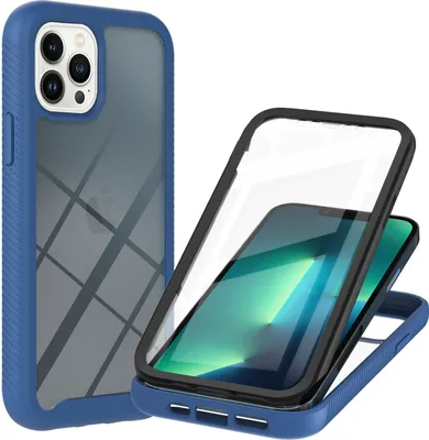 A blue iPhone case is shown in two configurations: one fully assembled and one disassembled to show the phone inside.
