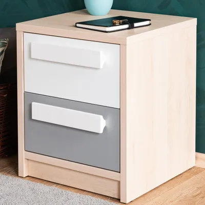 Produktbild von Jugendzimmer - Nachtkästchen Greeley 13, Farbe: Buche / Weiß / Platingrau - Abmessungen: 48 x 40 x 40 cm (H x B x T), mit 2 Schubladen