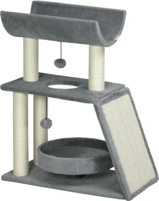 Image de Arbre à chat & poteaux griffoirs Pour Chat - Plateforme en U - Hauteur 76 cm - 4 niveaux - Bois - 60x30x76 cm - Gris clair