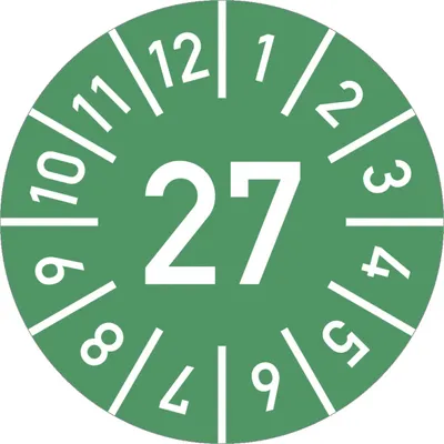 Produktbild von Dreifke® Prüfplakette Jahr 27 mit Monaten, grün, Dokumentenfolie, Ø 10 mm, 10...