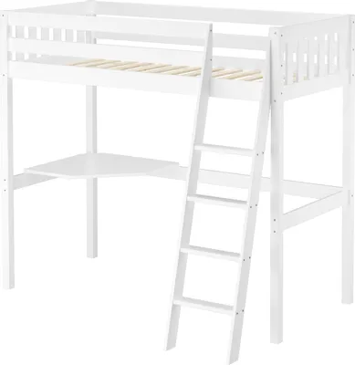Produktbild von Kieferholzbett Hochbett Stockbett 90x200 aus Kiefer weiß Zubehör wählbar V-60.23W-09mit Rollrost und Tischplatte