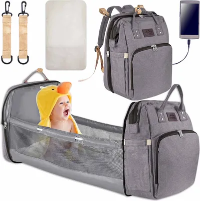 Produktbild von all Kids United Baby Wickelrucksack mit integriertem Kinderbett - Grau, wasserabweisend, isolierte Fächer, USB-Anschluss, viel Stauraum