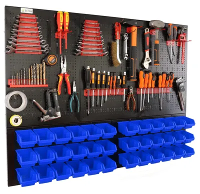 Image de Panneau mural d'atelier - Tableau d'outils - Métal - Pliable - 36 compartiments - Poignées bleues - 120 x 90 cm