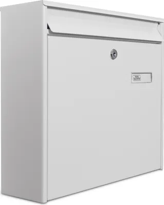 A white mailbox is shown from a three-quarter angle against a white background.