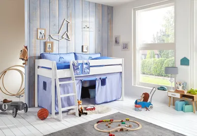 Produktbild von Halbhohes Einzelbett Mischelle Buche massiv Weiß lackiert 90x200 mit Textilset