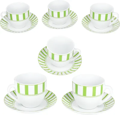 Zdjęcie produktu dla Dzielone zielone filiżanki do kawy w paski ze spodkami dla 6 osób porcelana herbata w paski