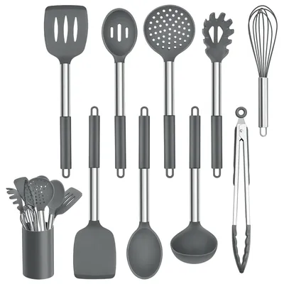 Imagen del producto de Juego de 10 utensilios de cocina de silicona con mangos de acero inoxidable