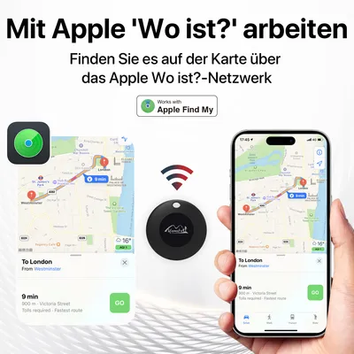 A marketing image showing a smart geo tag and its integration with Apple's 'Find My' app.
