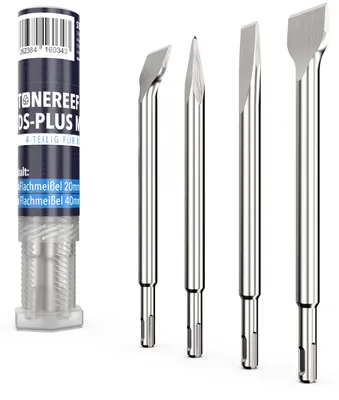 Produktbild von SDS Plus Meißel Set 4-teilig - Flachmeißel Spitzmeißel Fliesenmeißel 4 Meißel für Abbruch, Fliesen, Putz und Estrich in einem Satz