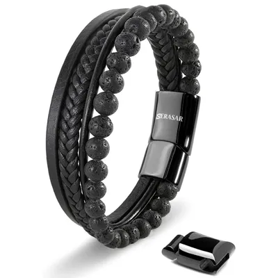 Image de SERASAR Premium Bracelet en cuir véritable pour hommes [Stone] en noir | Perles en pierre naturelle | 17cm | Fermeture magnétique en acier inoxydable | Boîte à bijoux incluse