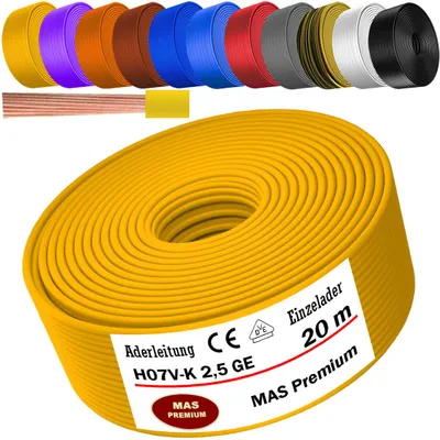 Productafbeelding van 20 meter installatiedraad H07 V-K GE, 1x2,5 mm², geel, enkeldradig, flexibel