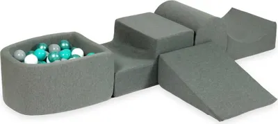 Produktbild von Schaumstoff-Spielset mit Hügel und Mikro-Bällepool – grau mit Bällebadbällen 100 Stück / Metallic-Türkis, Türkis, Grau, Weiß