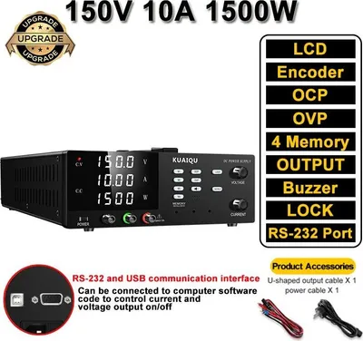 Immagine prodotto di Alimentatore da laboratorio DC programmabile - Alimentatore switching regolabile - 0–150V, 0–10A - Ingresso 220V - Protezione OCP/OVP - Controllo RS-232 USB