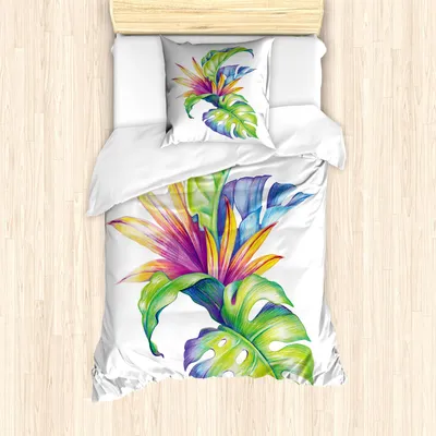 Produktbild von ABAKUHAUS Pflanze Bettbezug Set, Tropische Fensterblätter und Monstera mit abstrakten Hawaiianische Florale Elemente, 135 x 200 cm + 80 x 80 cm, Mehrfarbig