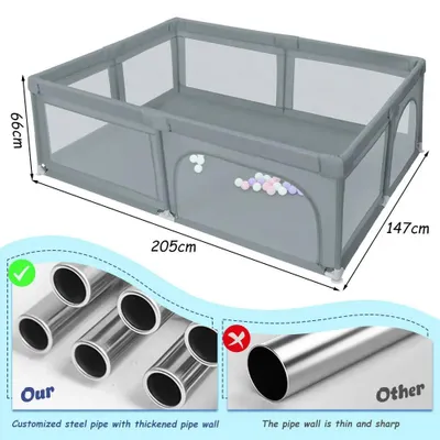 Produktbild von Baby Laufstall - Spielgitter 205x147 cm - Für innen und außen - Metallgestell - Sicherheitsgehege mit Reißverschluss-Tür - Rutschfeste Füße - Dunkelgrau