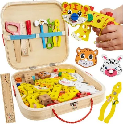 Image de Kit de bricolage de boîte à outils en bois pour enfants, construction d'animaux et de véhicules