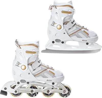 A pair of inline skates and a pair of ice skates, both white with gold accents, are displayed against a white background. The inline skates are in the foreground, and the ice skates are in the background.