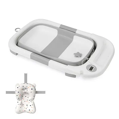 Produktbild von Babybadewanne klappbar,Baby Bathtub mit Thermometer undStützkissen, tragbare faltbare Badewanne für Babys und Kleinkinder,Grau