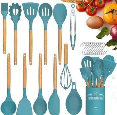 Image de Set d'ustensiles de cuisine 12 pièces, résistant à la chaleur, manche en bois, silicone, bleu