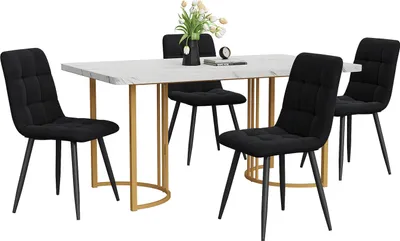 Produktbild von Essgruppe (5-tlg),Esstisch(gold)mit 4 Stühlen Set, Moderner Küchentisch Set ,140×80cm, MDF Tischplatte in Weißer,Schwarz Samt Esszimmerstühle