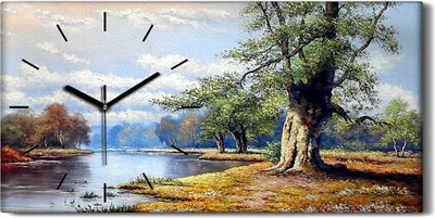 Produktbild von Wanduhr Bürouhr Leinwand Bild 60x30 Gemälde Fluss Wald Bäume Landschaft Wolken - schwarze Hände
