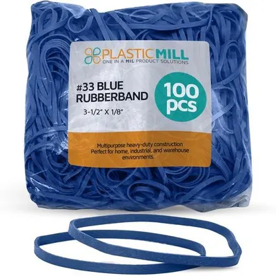 Obrázek produktu pro Gumičky PlasticMill #33, modré. Balení 100 kusů. Odolné gumičky vhodné do kanceláře, domácnosti, školy a pro organizaci