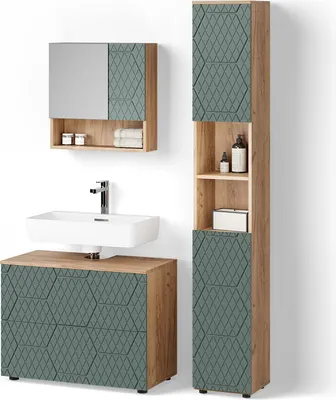 Produktbild von Badmöbel-Set Livinity Ronco Grün/Goldkraft Eiche 3 Teile, mit Schubladenschrank und Hochschrank, Model 52935