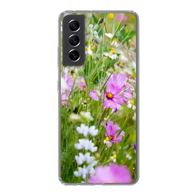 Produktbild von MuchoWow® Handyhülle Schutzhülle Hülle für Samsung Galaxy S21 FE Blumen - Natur - Grün - Gras - Lila - Weiß Silikon Softcase Handy Hülle - Mobiltelefonhülle